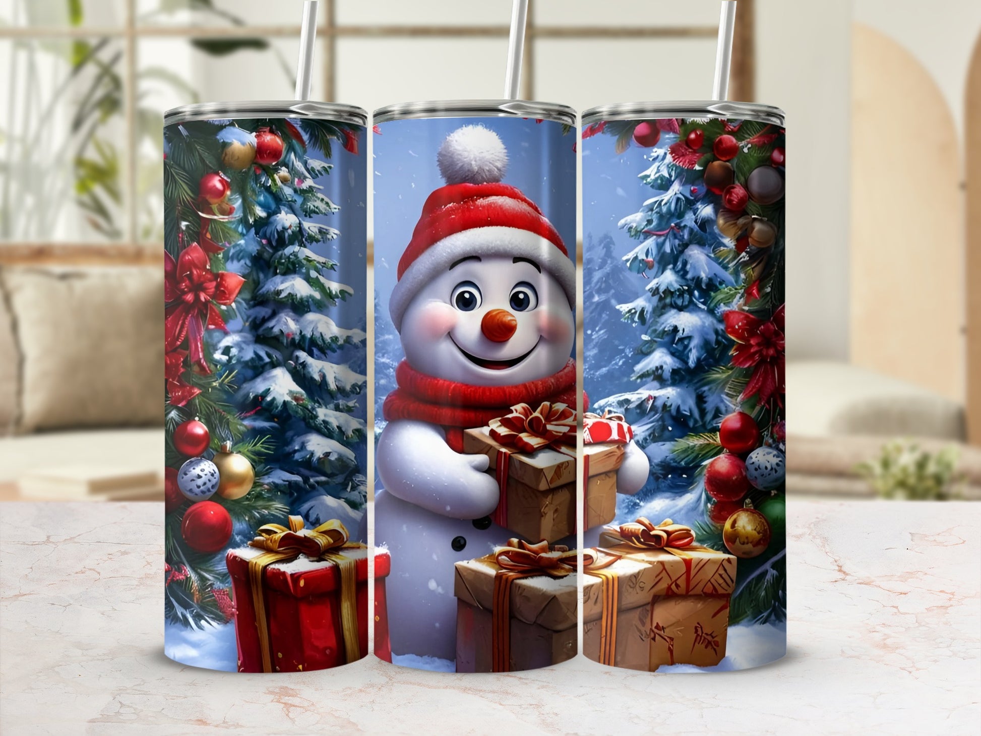 Festive Snowman and Christmas Tree Themed Tumbler