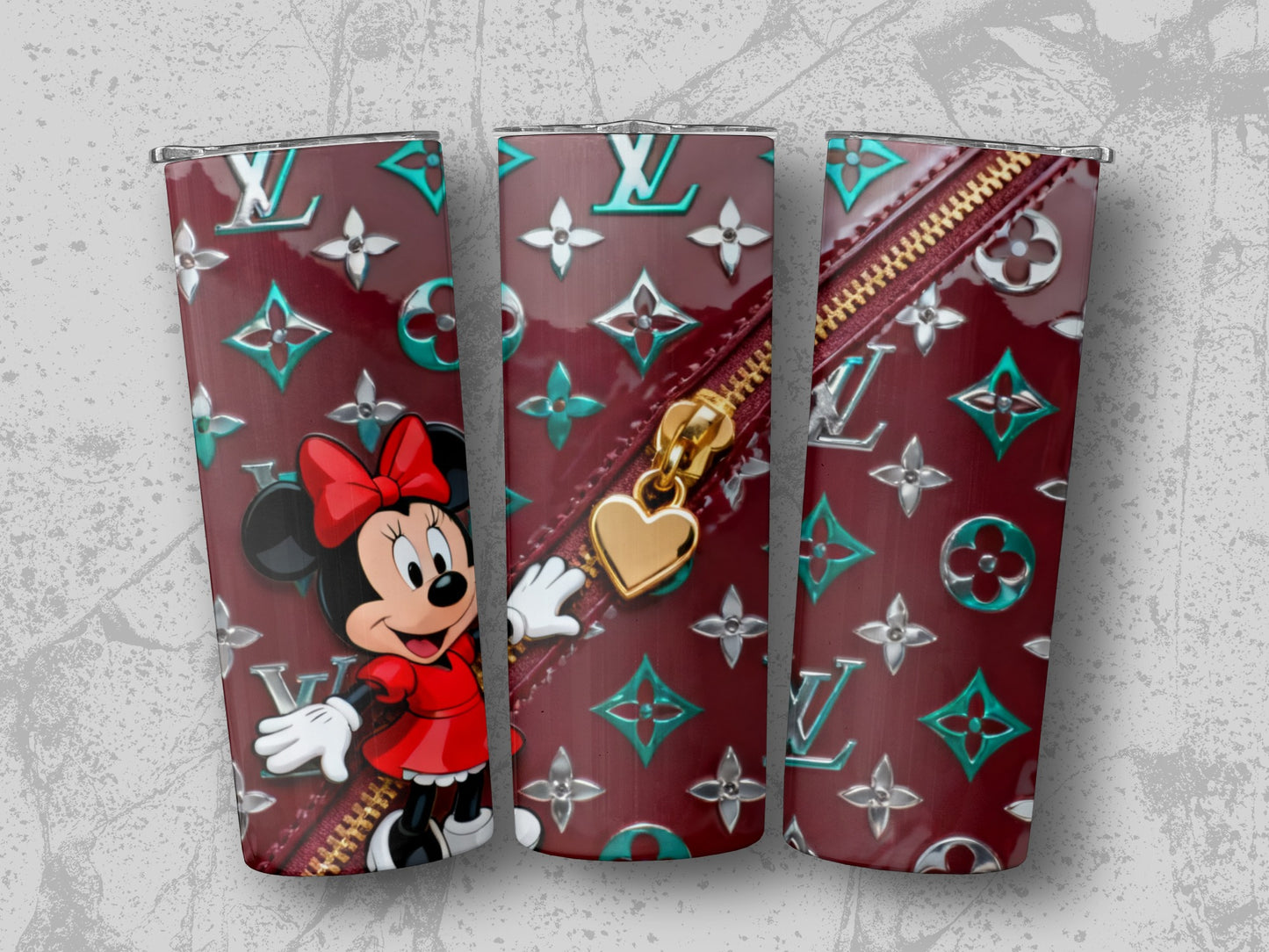 Minnie Mouse in red dress with Louis Vuitton pattern on a tumbler.