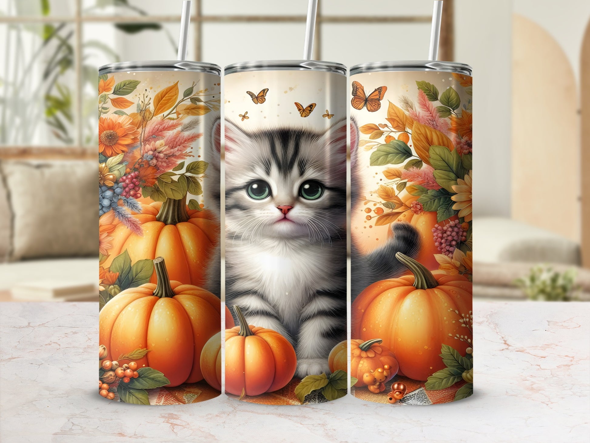 Kitten with pumpkins and butterflies, autumn floral border.