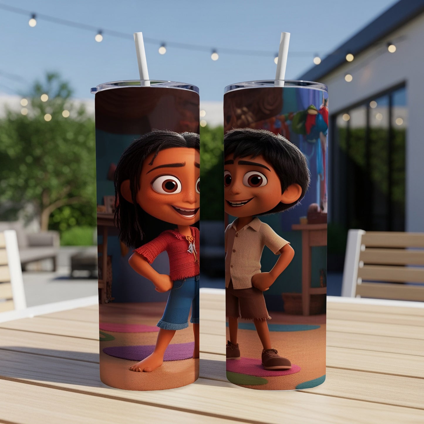 Two animated characters, a girl and a boy, featured on two tumblers.