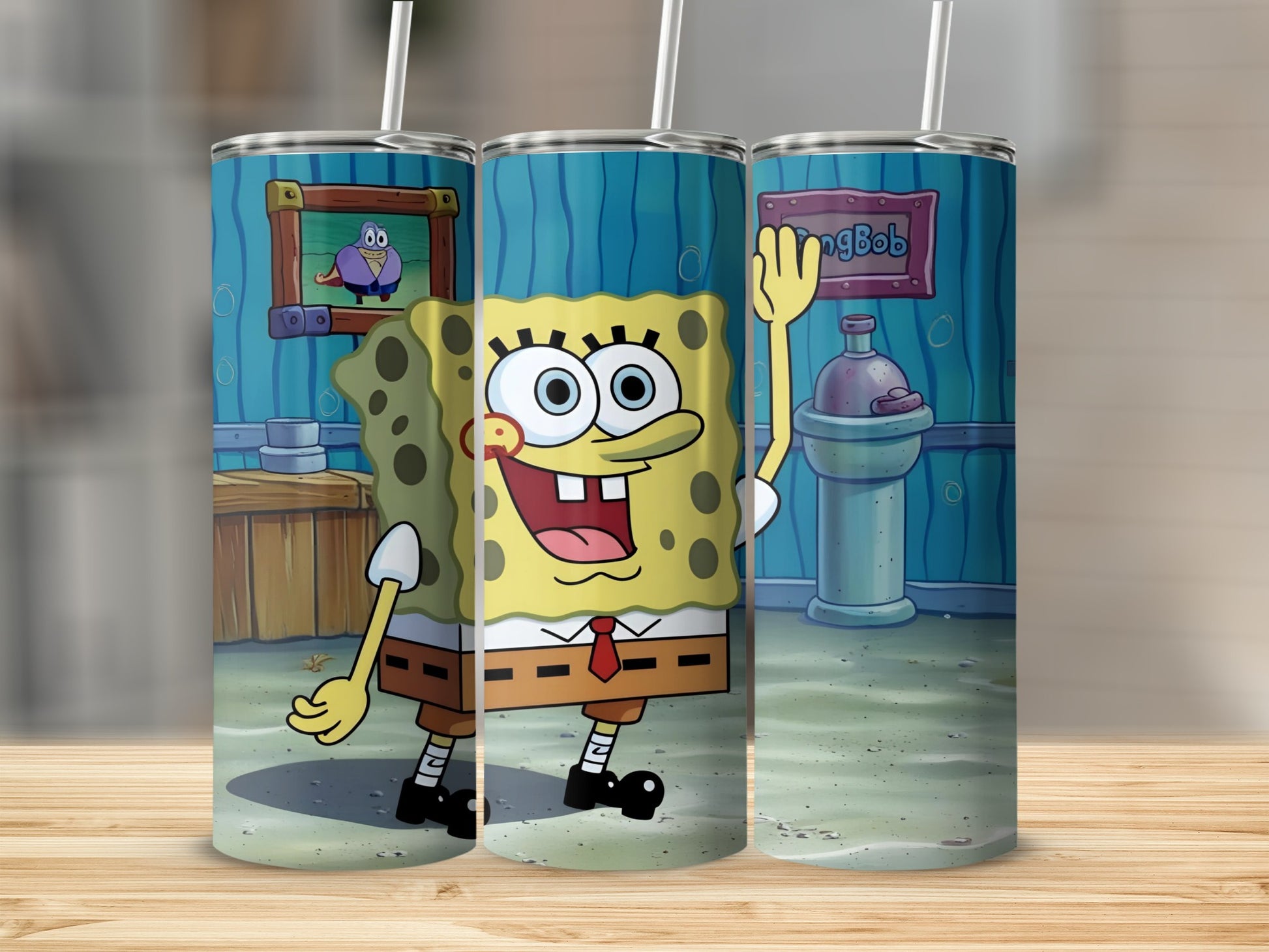 SpongeBob SquarePants character waving on a blue striped background.