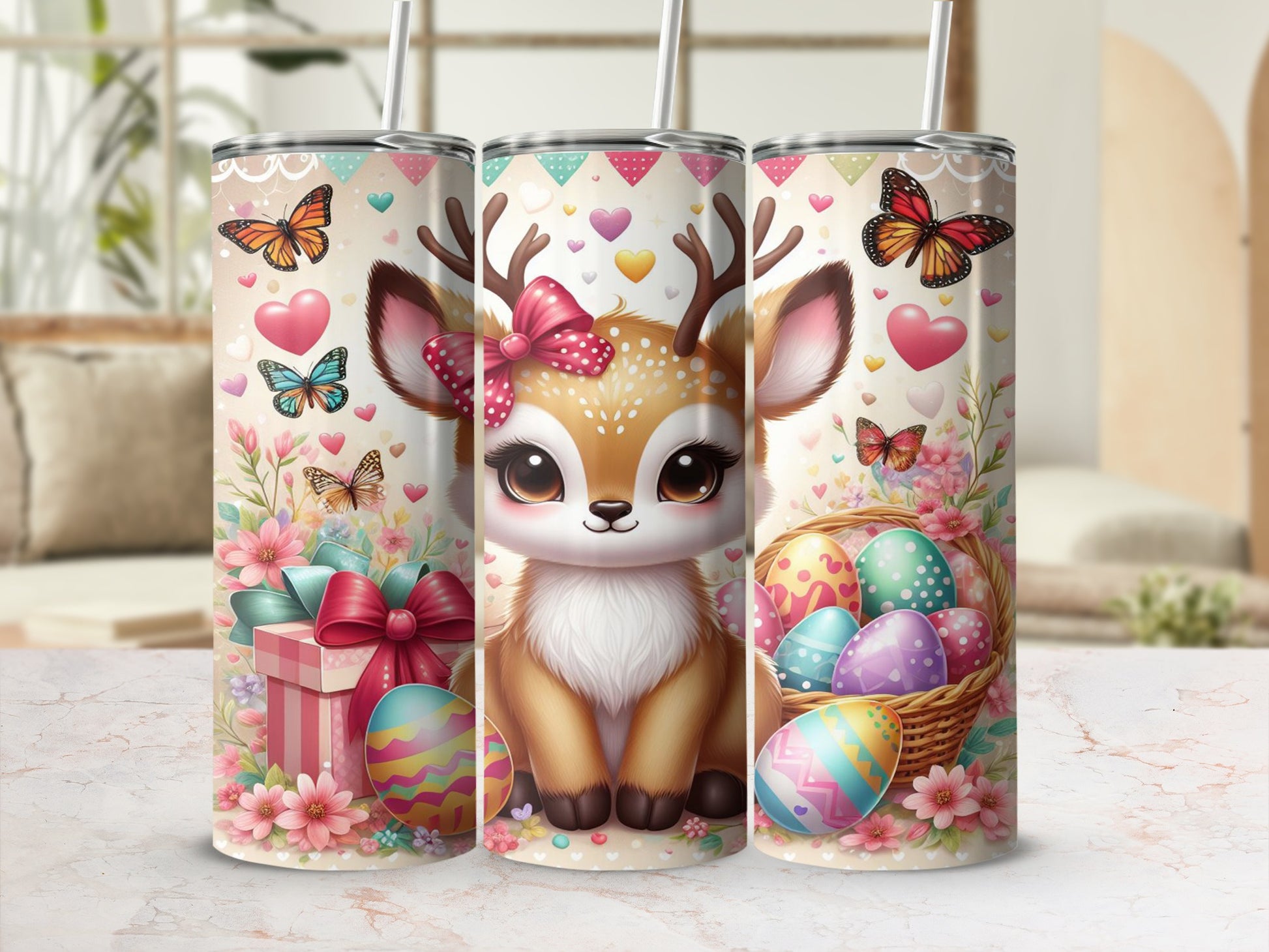 Cute cartoon deer with Easter eggs and butterflies on a tumbler.