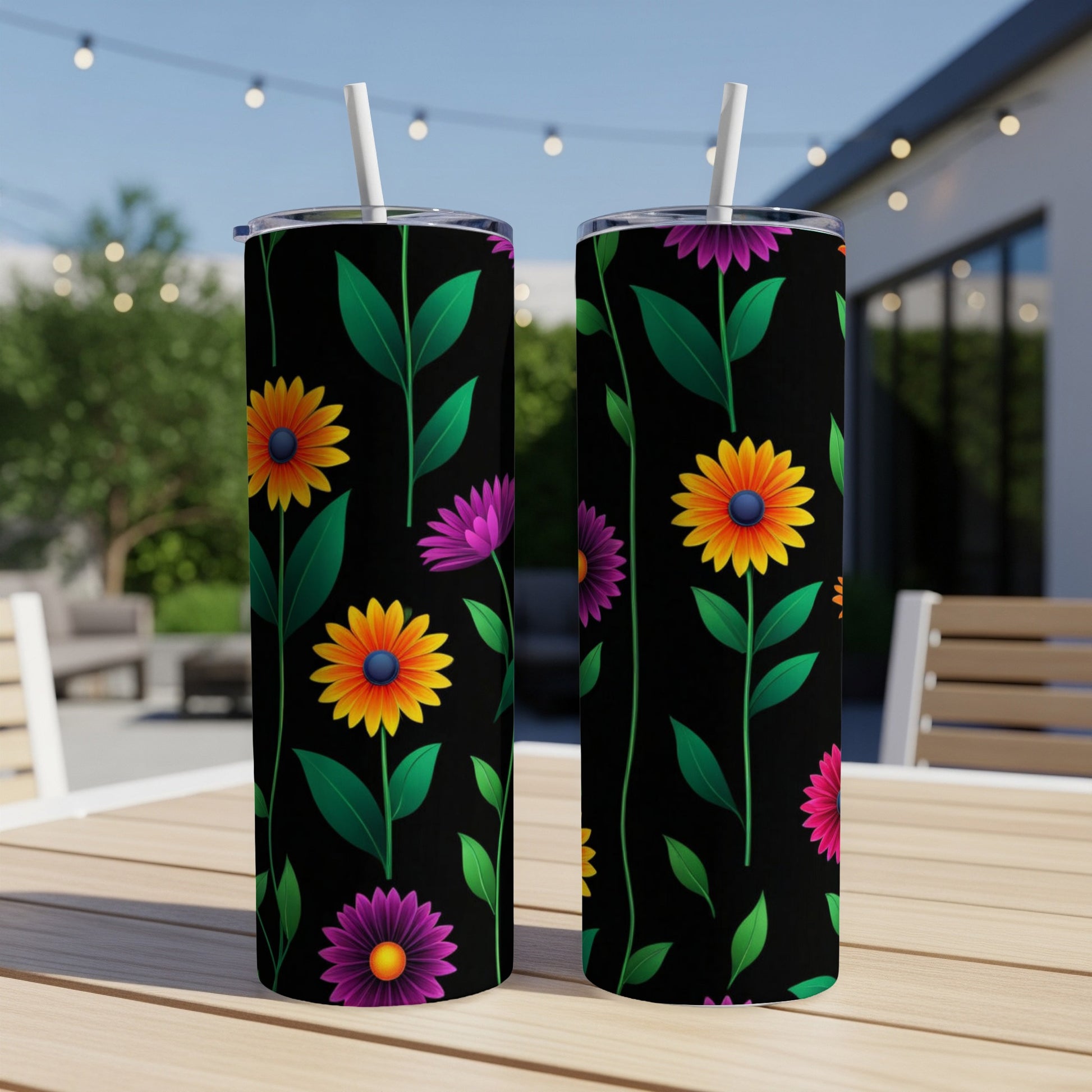 Two tumblers with a black background and a floral pattern of sunflowers and purple flowers.