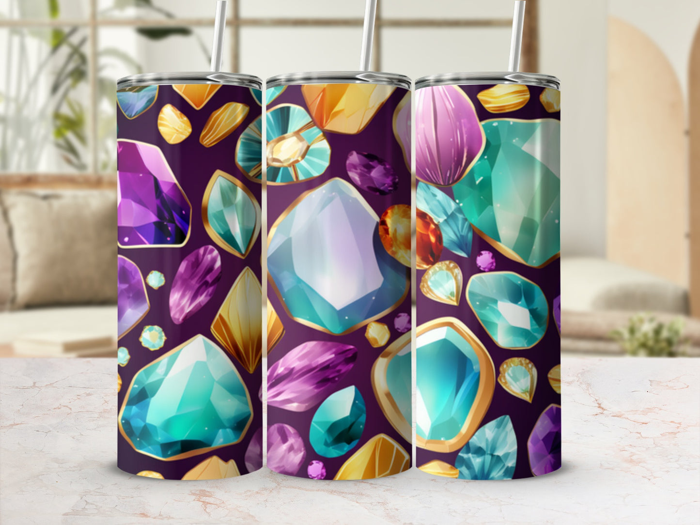 Purple tumbler with colorful gemstones and gold trim.