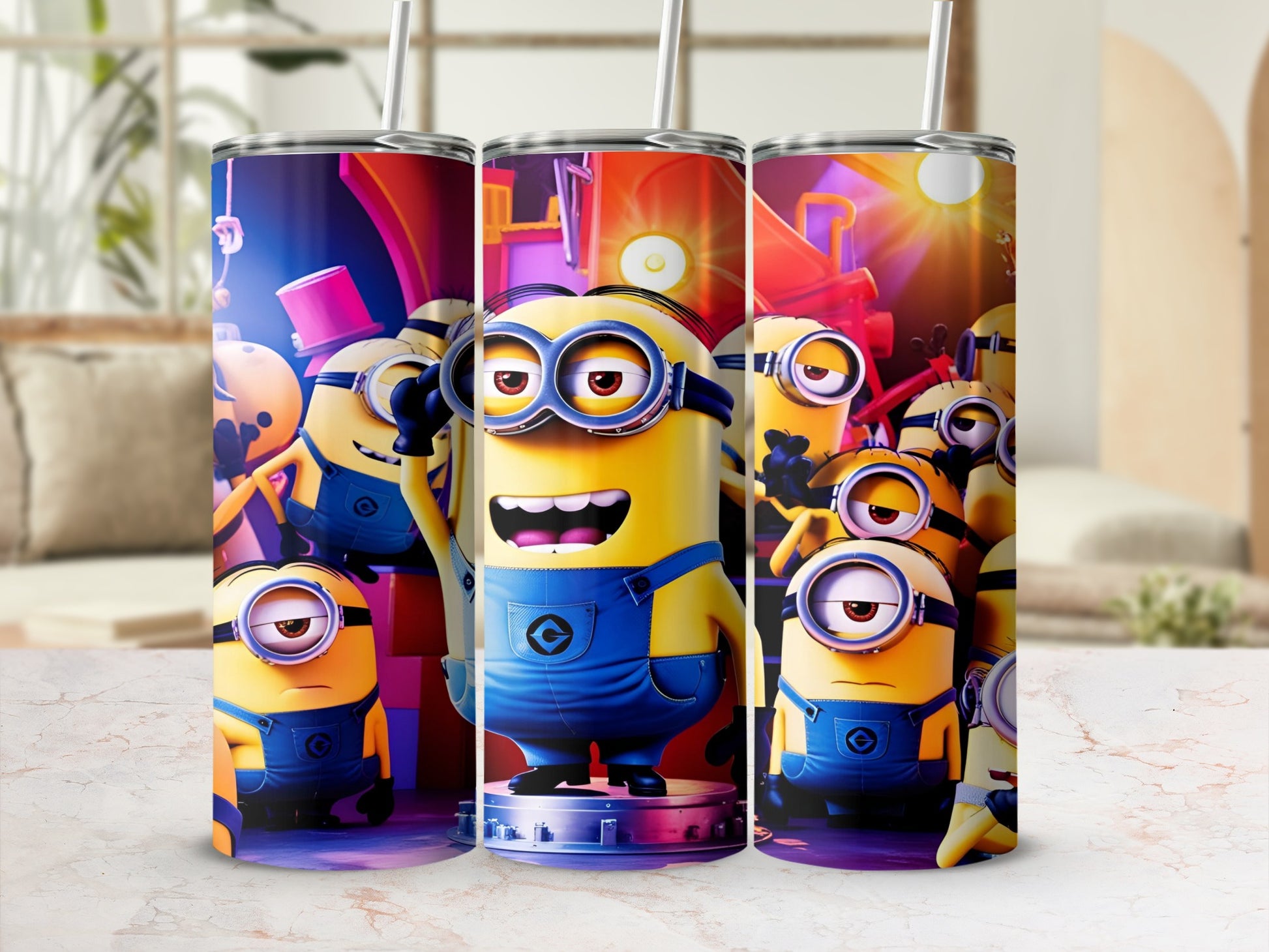 Three Minions in blue overalls, two smiling, one frowning, with a blurred background.