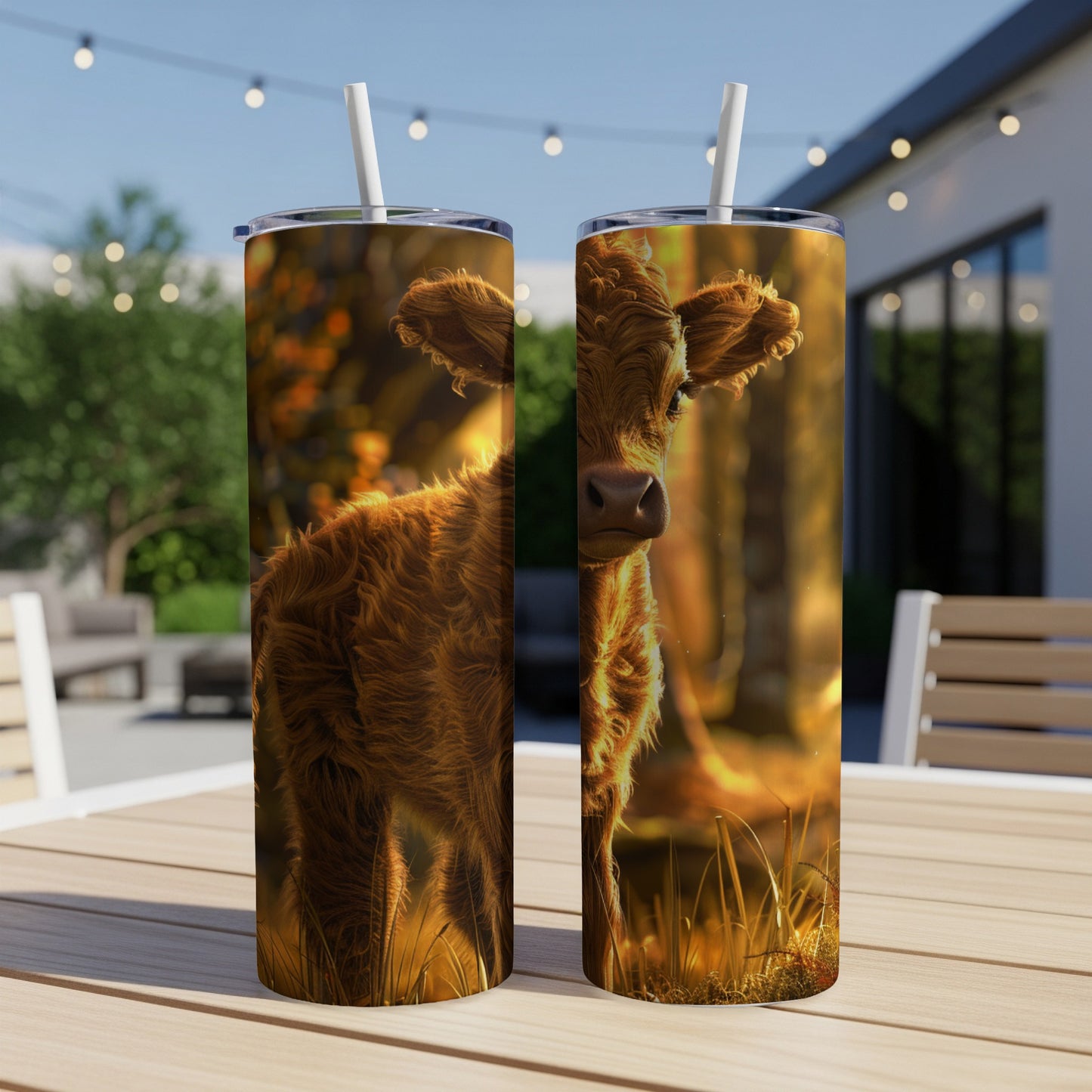 Brown fluffy calf with straw on a skinny tumbler on a table.
