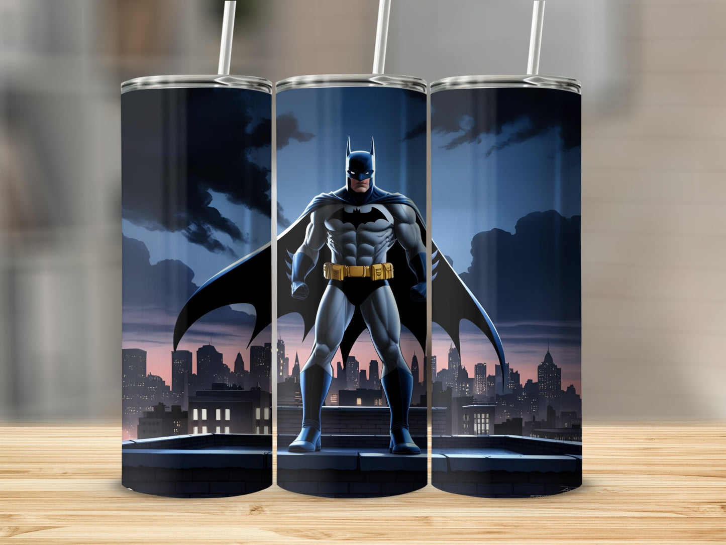 Batman standing on a rooftop with a cityscape behind him.