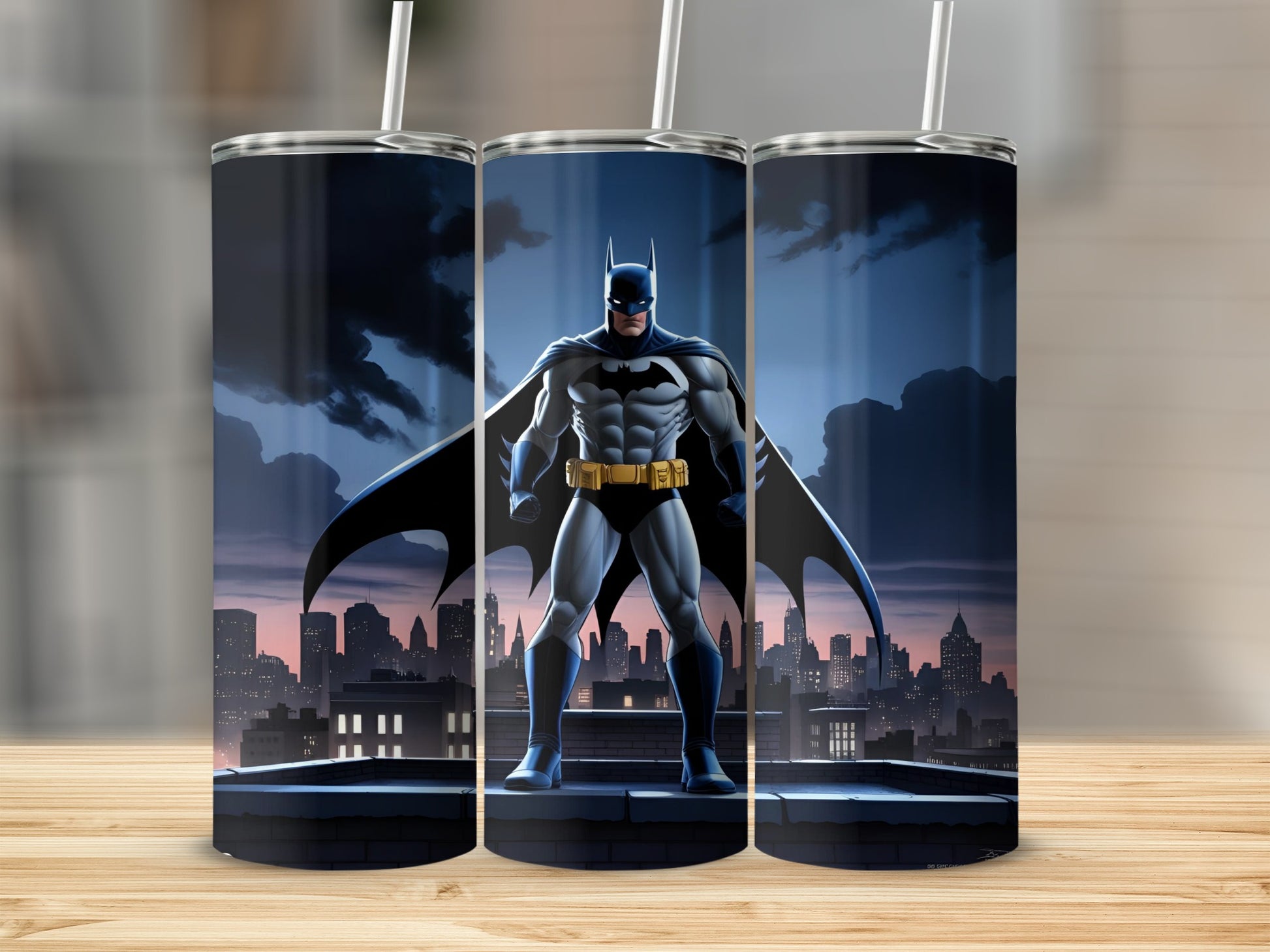 Batman standing on a rooftop with a cityscape behind him.