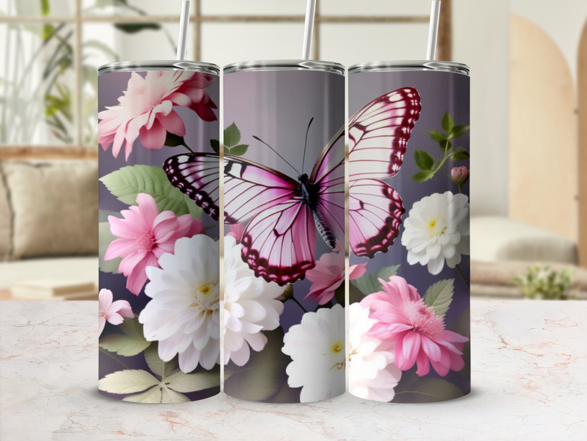 Three tumblers featuring a pink butterfly and floral design.