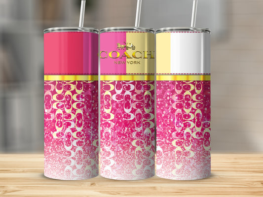 Three tumblers with Coach logo pattern and ombre pink and white gradient.