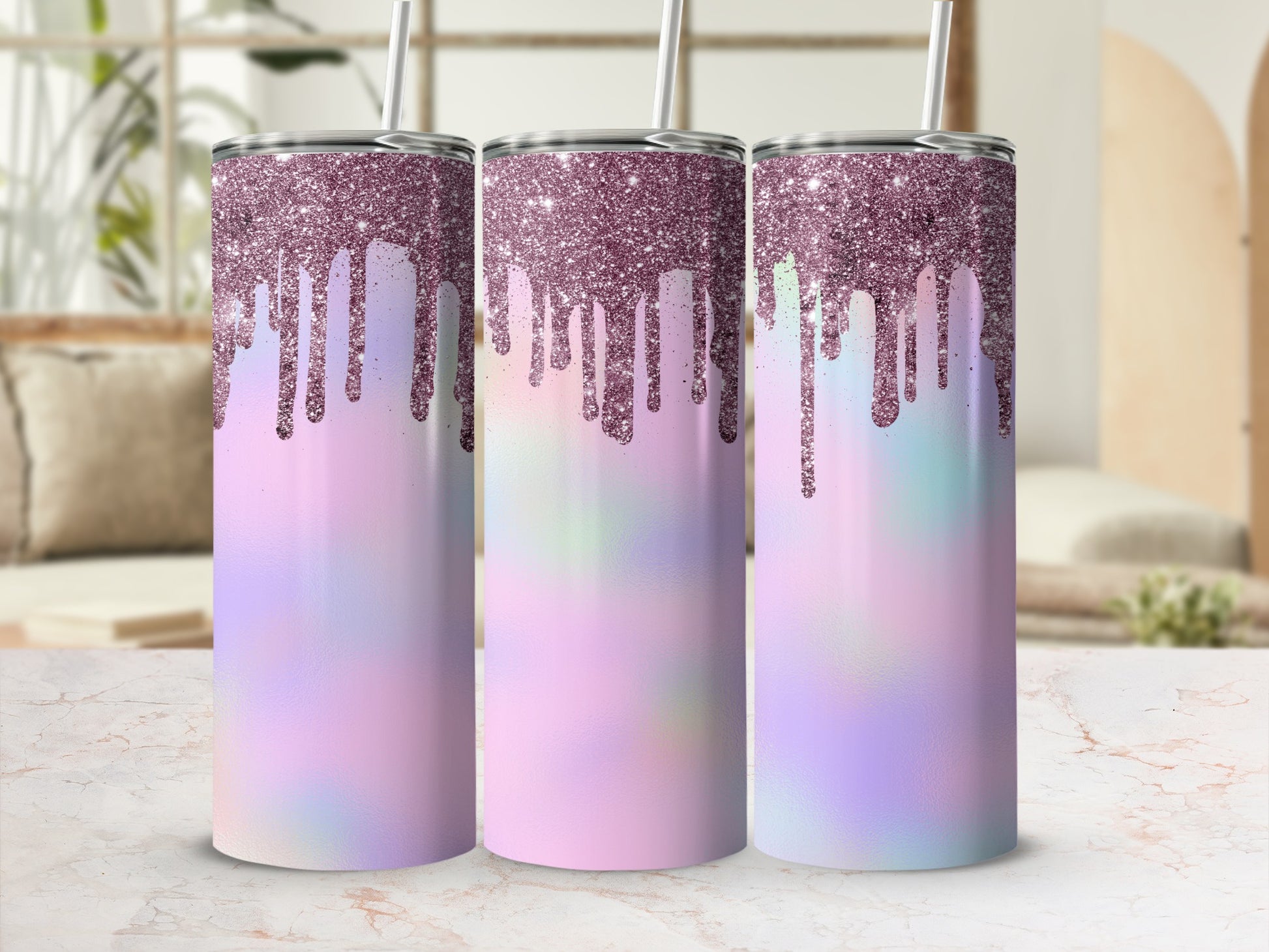 Three tumblers with pink glitter drips and a pastel tie-dye design.