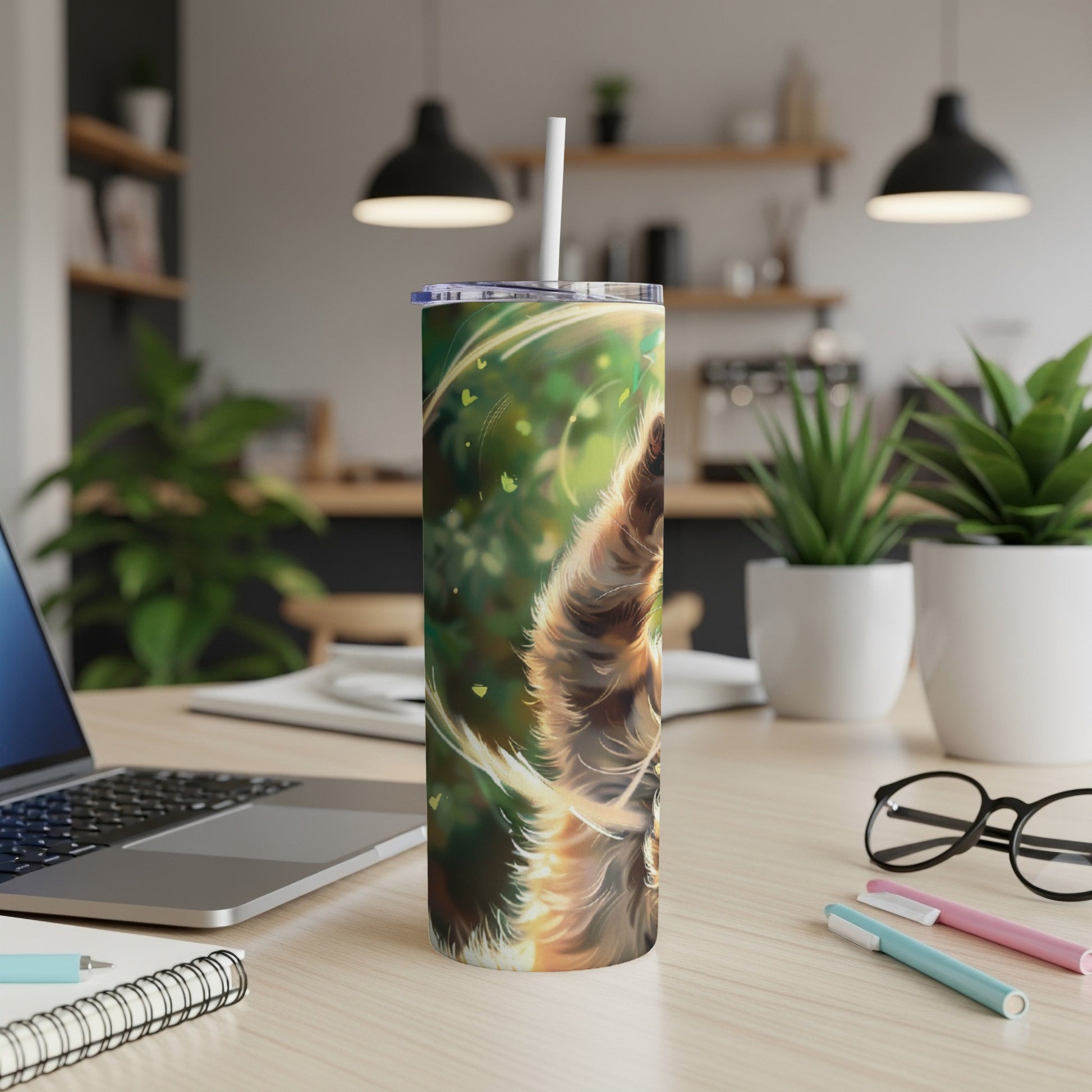 Brown dog with leafy, swirled background on a tumbler.