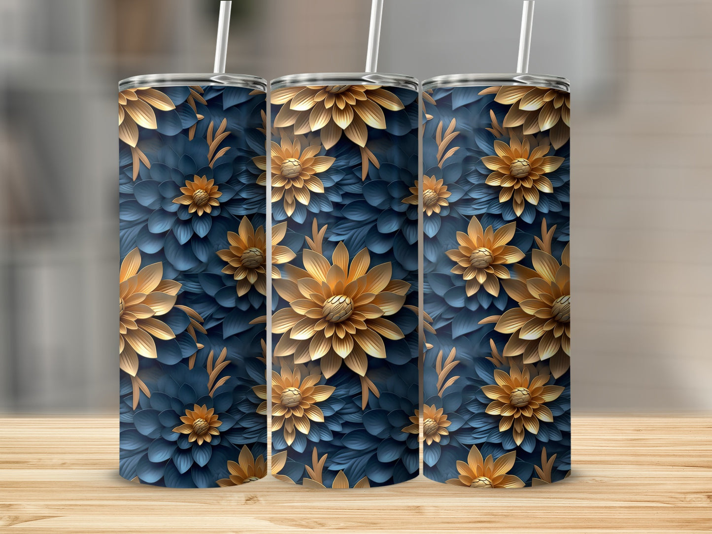 Elegant Blue and Gold Floral Design Tumbler محصول