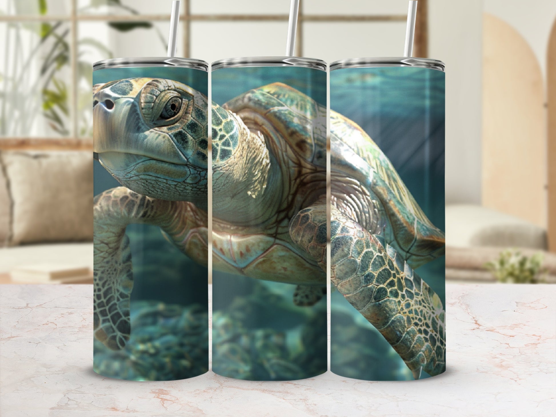 Close-up of a sea turtle swimming underwater, featured on three tumblers.