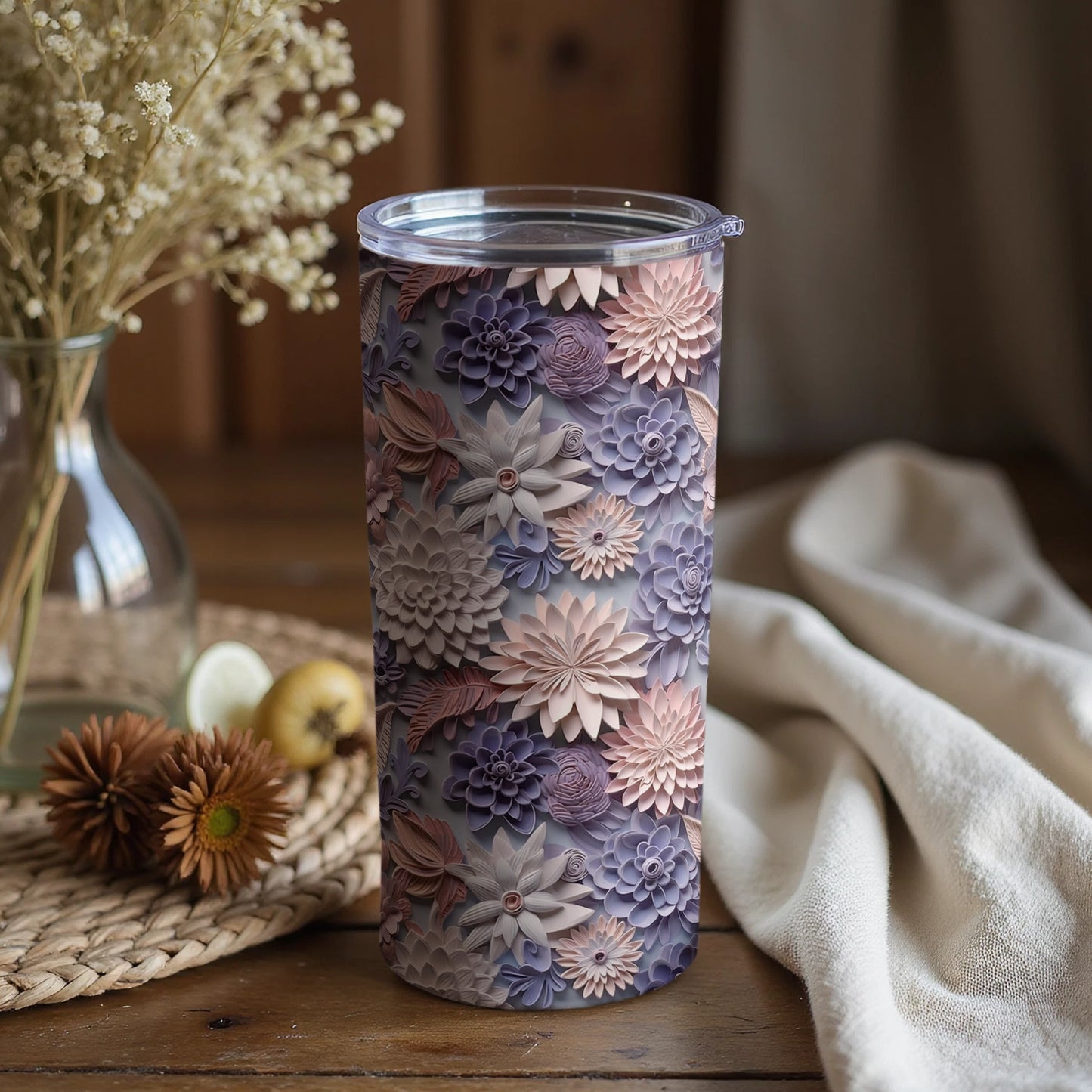 Floral Pattern Tumbler with Lid for Hot and Cold Drinks