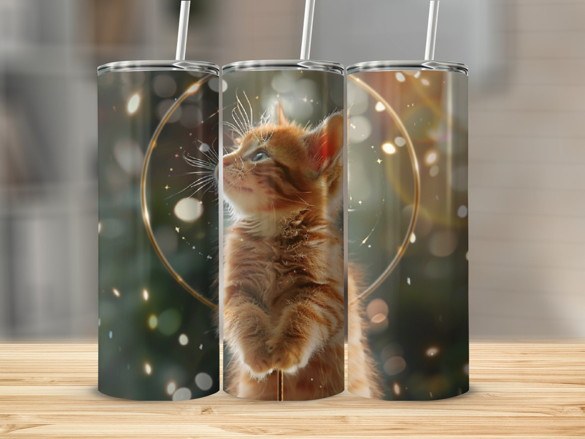 Three tumblers with orange kitten art and golden bokeh effects.
