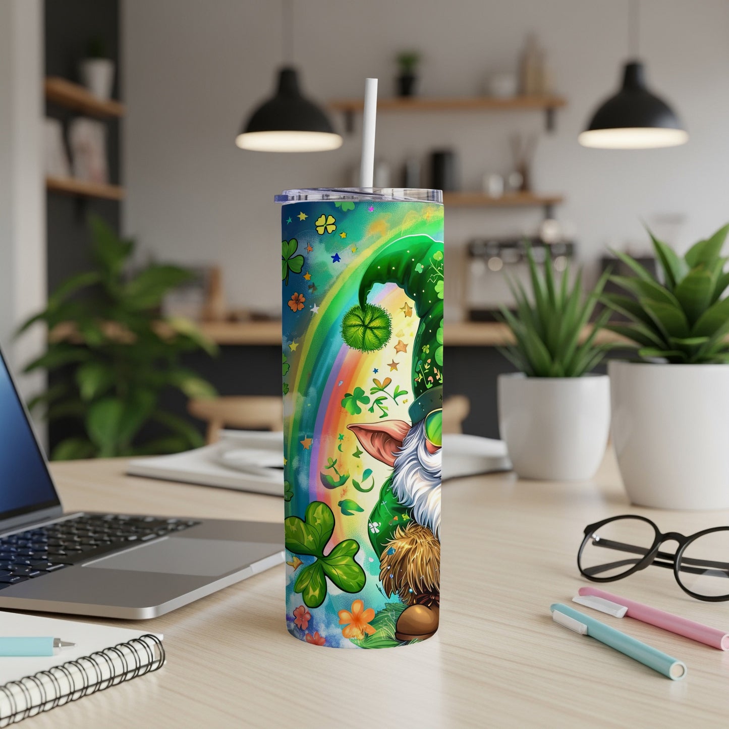 Green gnome with shamrocks and rainbow pattern on a tall, slim tumbler.