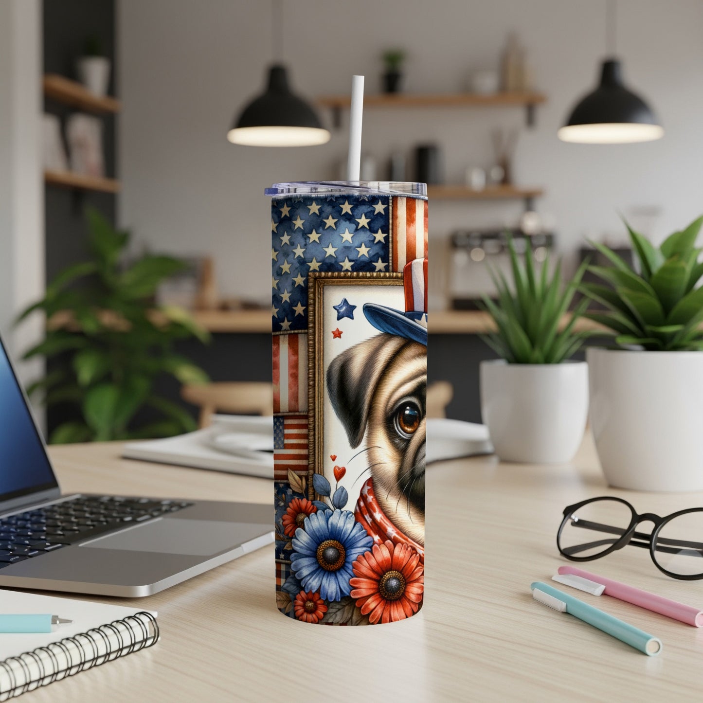 Patriotic pug with flowers and American flag pattern on a tumbler.