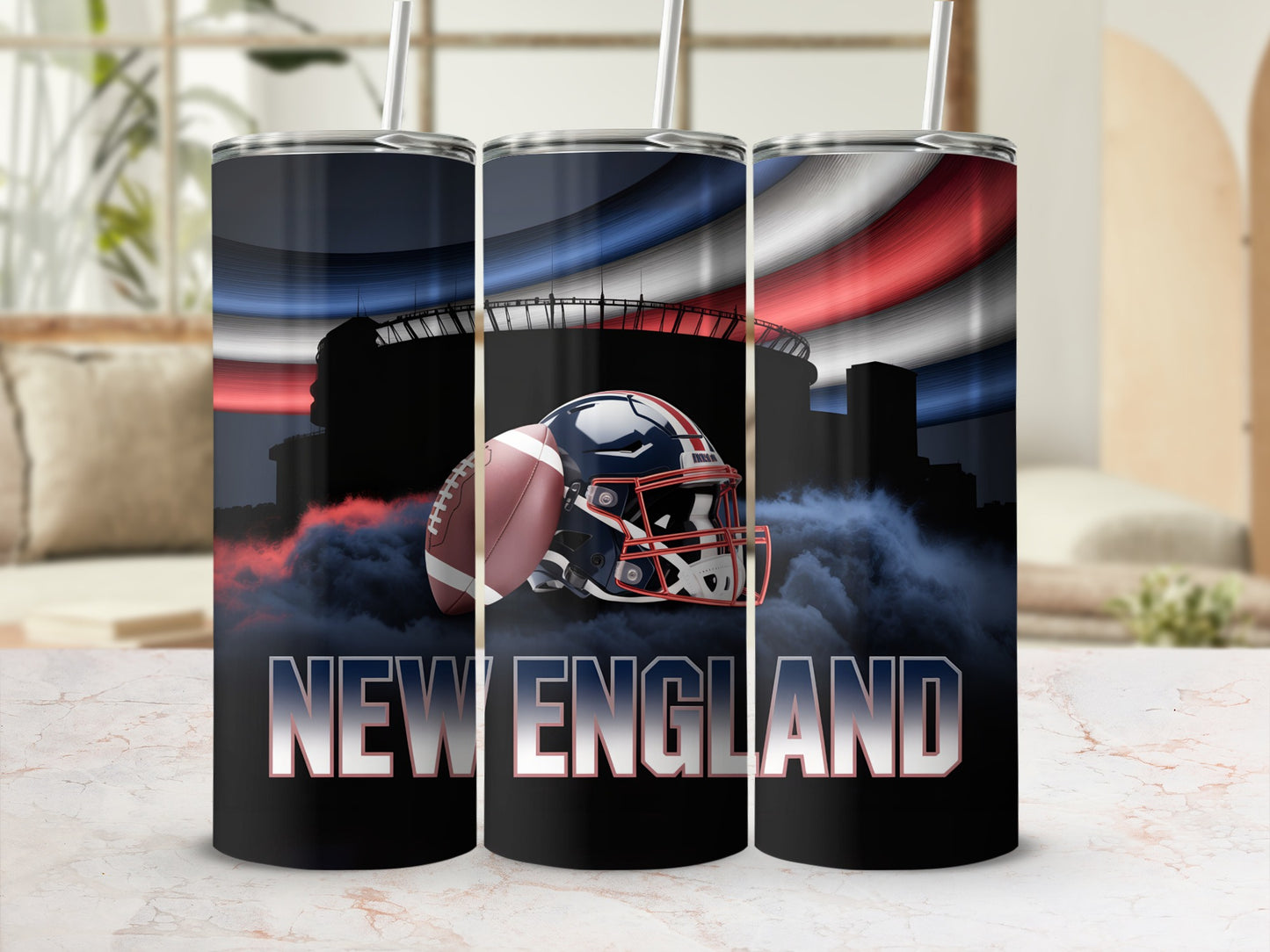New England football stadium with team helmet and smoky clouds.