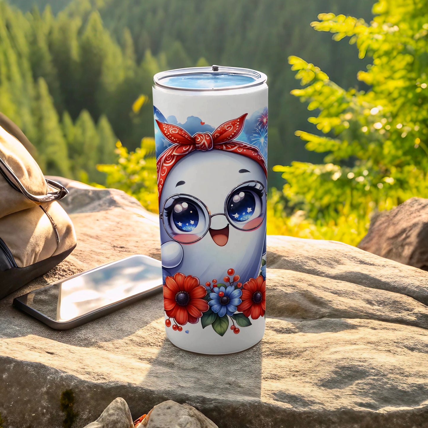 White tumbler with cartoon ghost wearing bandana and glasses, floral border.