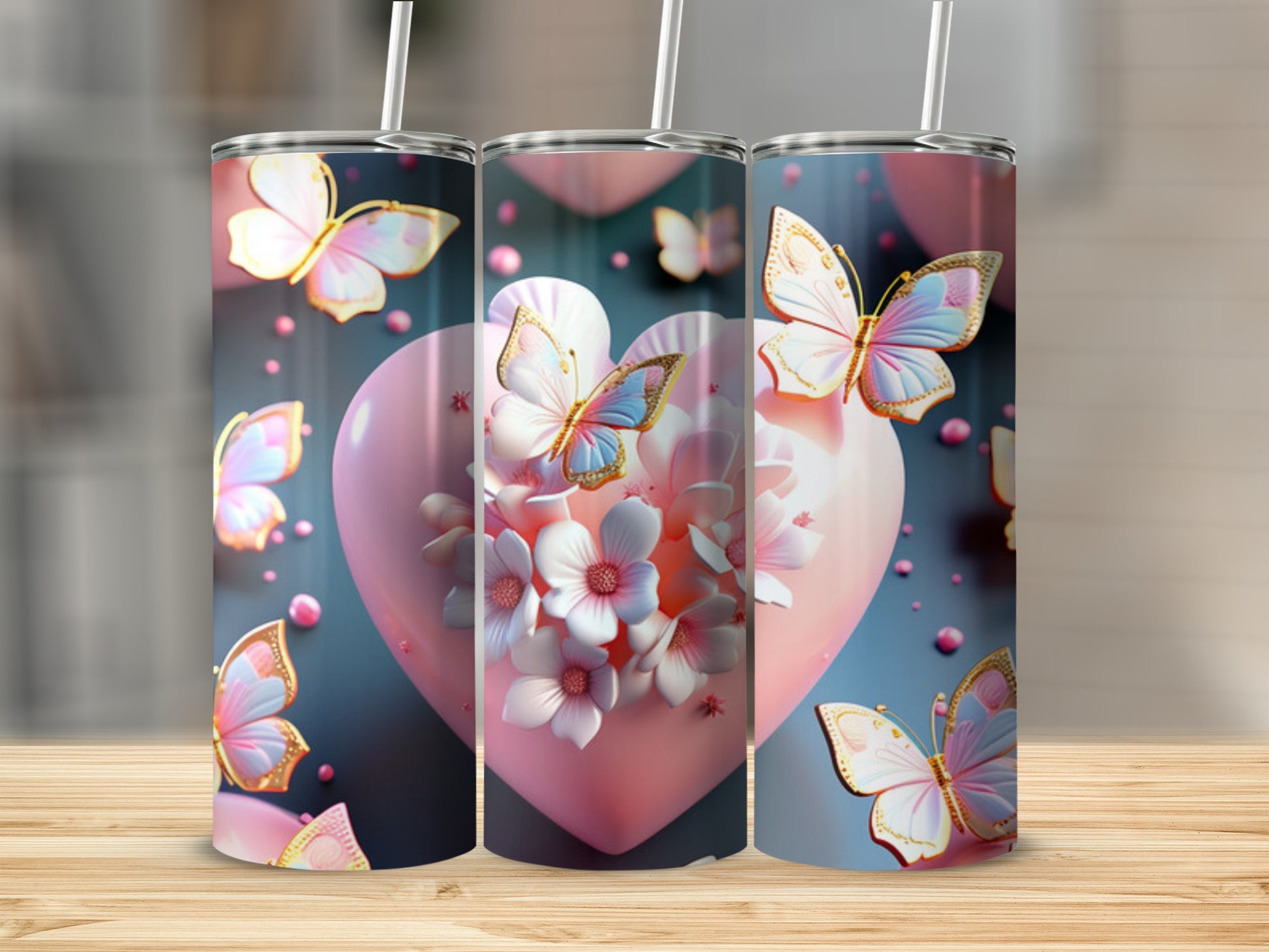 Pink heart with flowers and butterflies, featuring a light blue background.