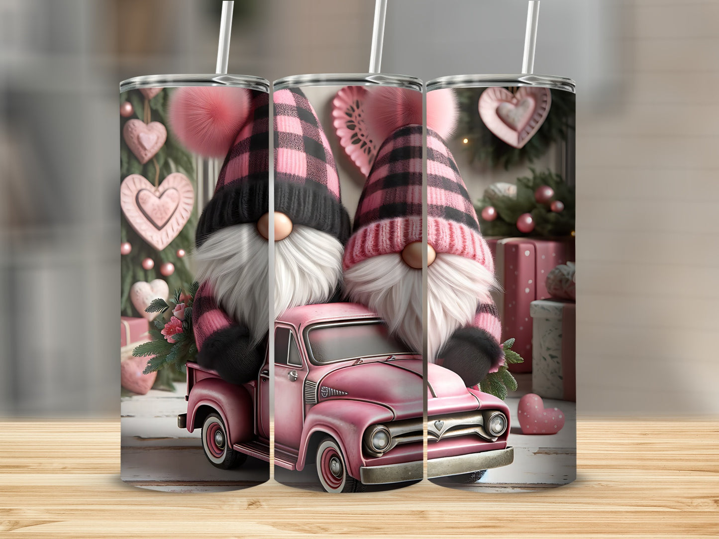 Pink gnome truck with hearts and gifts, on wooden background.