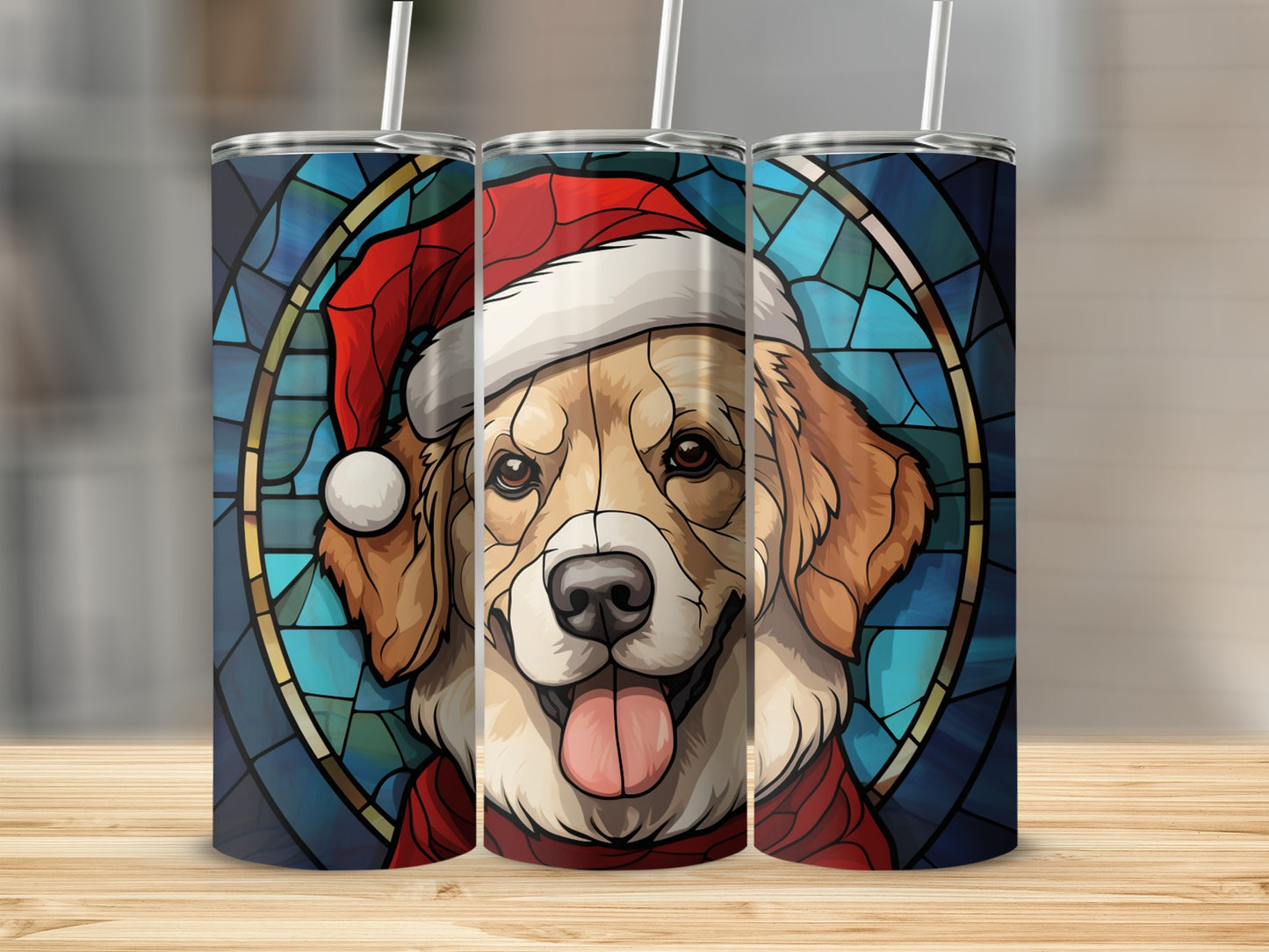 Golden retriever wearing Santa hat, shown on three tumblers with stained glass background.