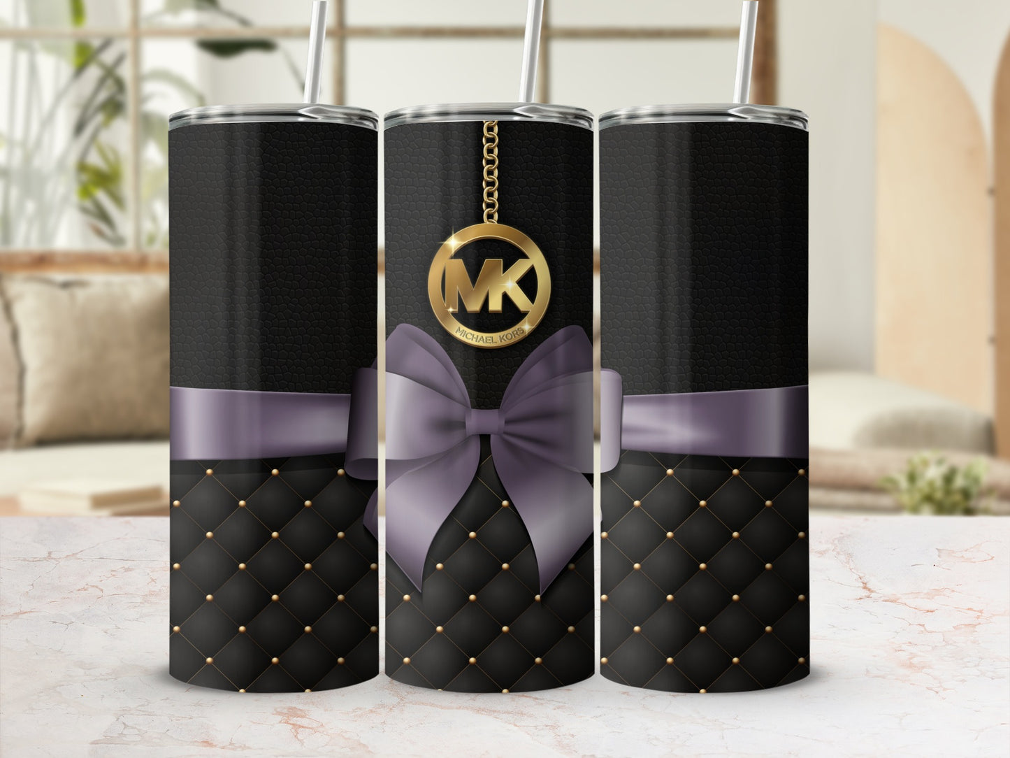 Elegant Black Quilted Tumbler with Purple Bow Design