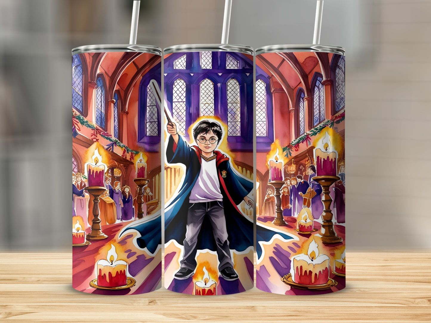 Harry Potter character with wand in grand hall with candles and people.