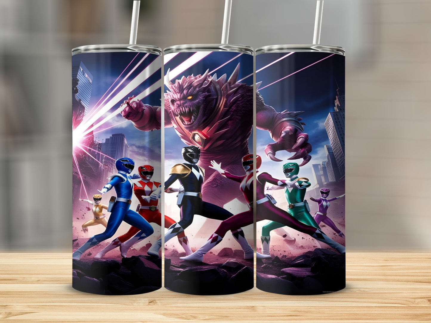 Power Rangers battling a monster in a city.