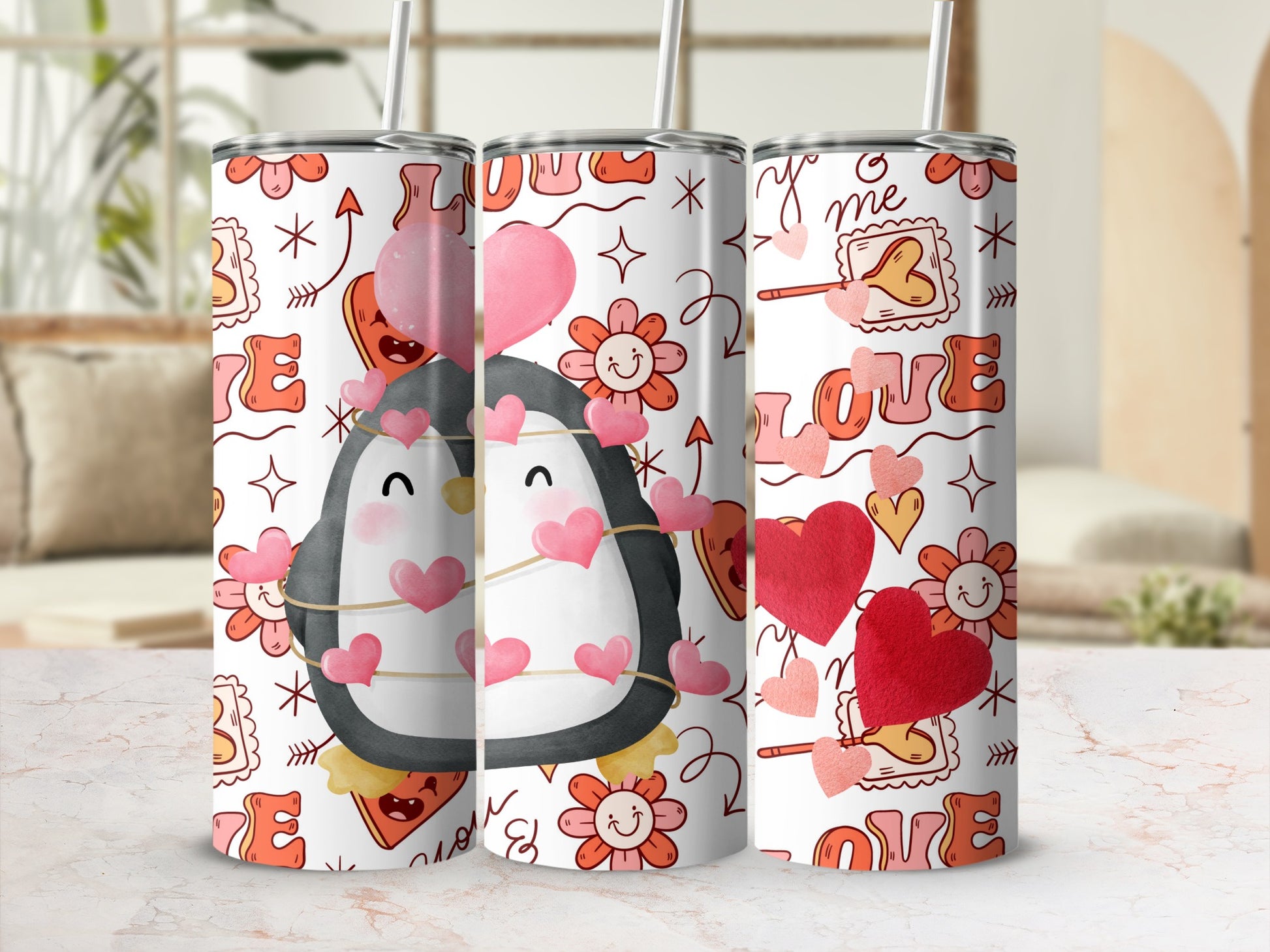 Cute Love Penguin and Hearts Tumbler Valentine's Day