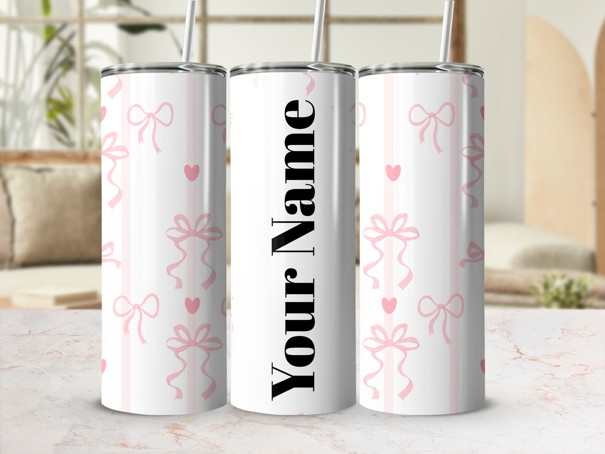 Customizable Tumbler with Pink Bows and Hearts Design