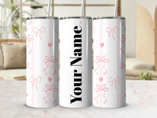 Customizable Tumbler with Pink Bows and Hearts Design