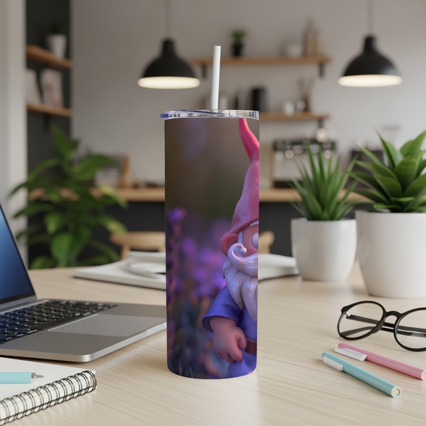Gnome on a purple floral background on a tall, skinny tumbler.