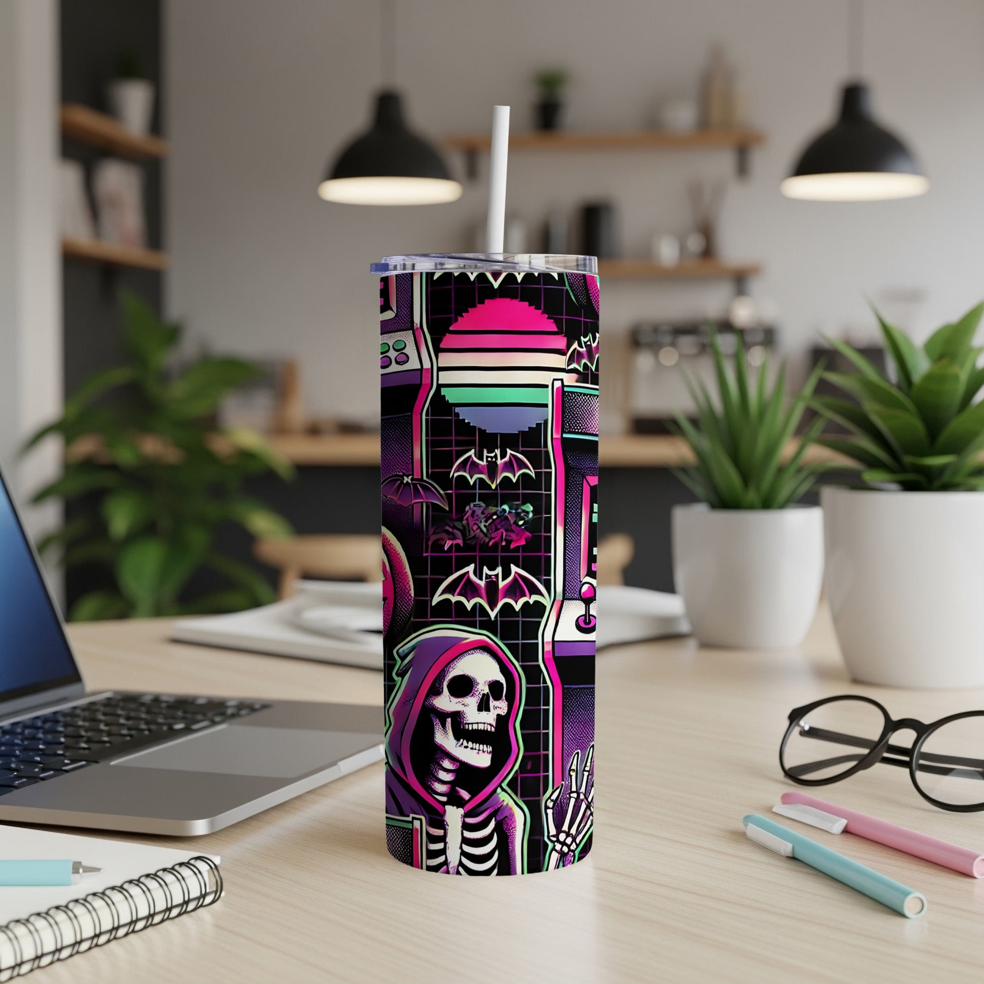 Skeleton with peace sign on neon retro arcade patterned tumbler.