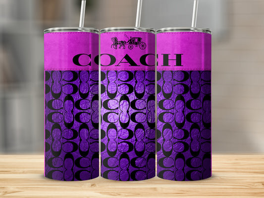 Three purple Coach tumblers with horse and carriage logo and repeating pattern.