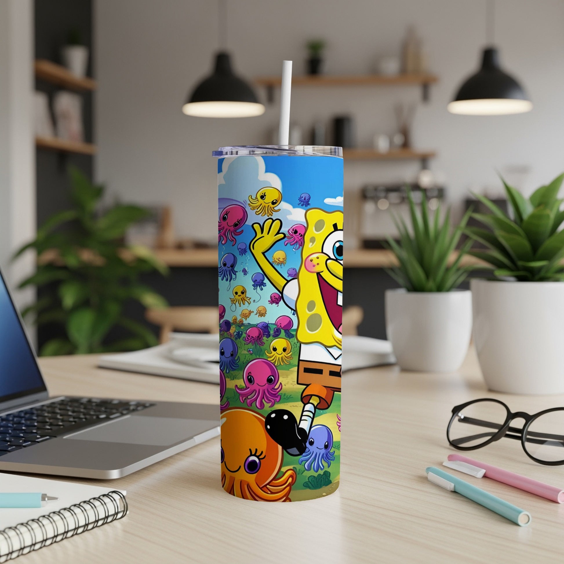 SpongeBob SquarePants and jellyfish on a blue tumbler with a white lid and straw.