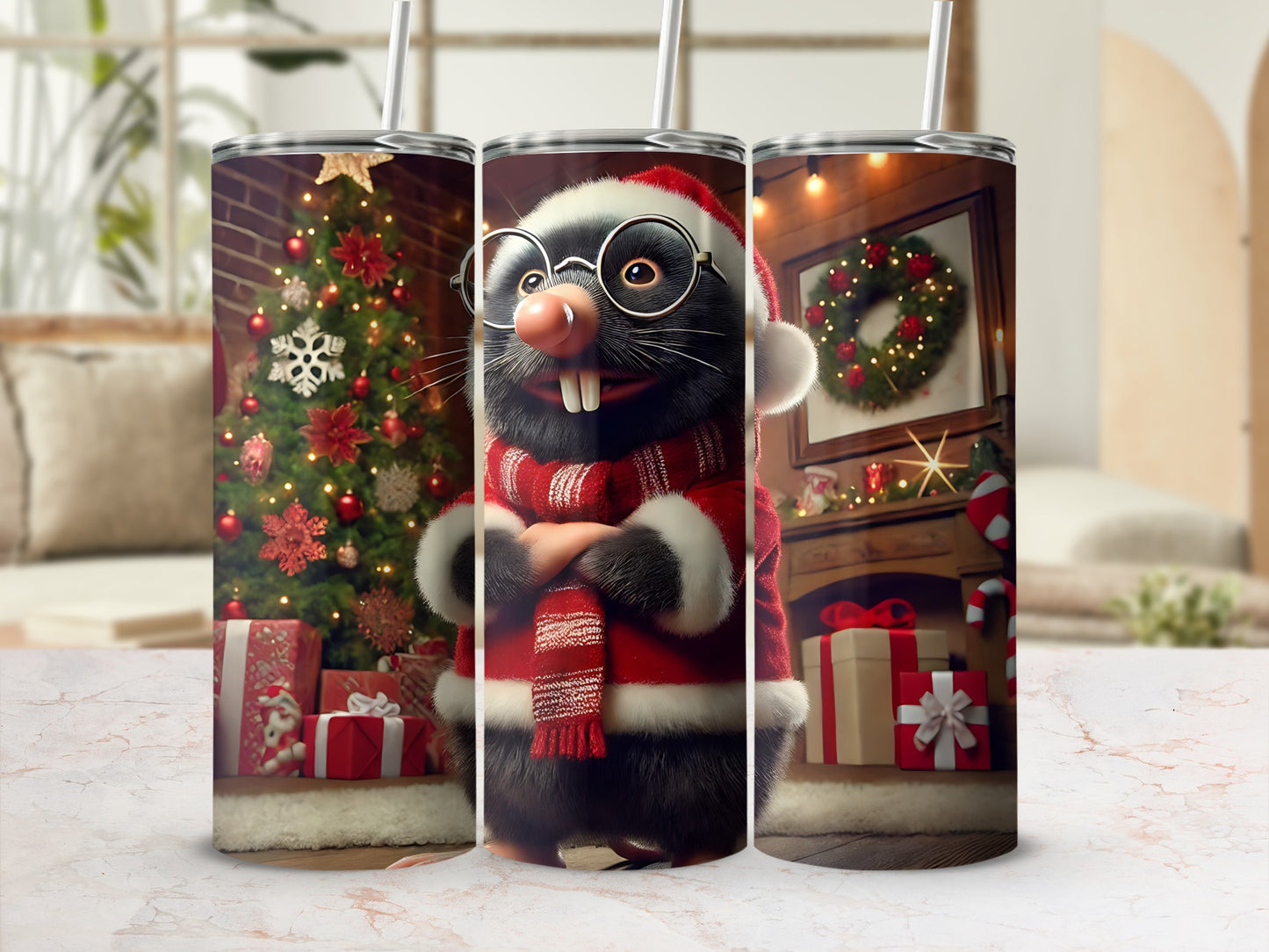 Santa's helper mouse in festive attire, holding a straw.