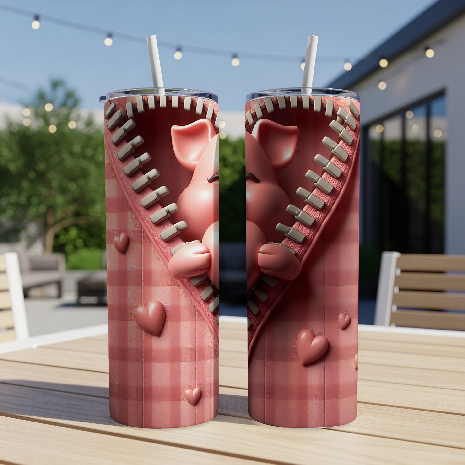 Pink pig character peeking from zipper on gingham tumbler with hearts.