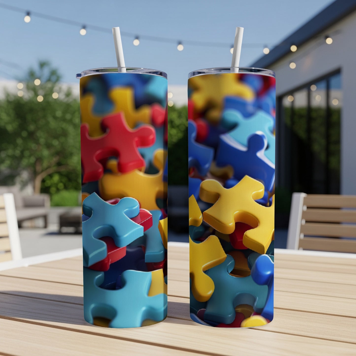 Two tumblers filled with colorful, interlocking puzzle pieces on a table.
