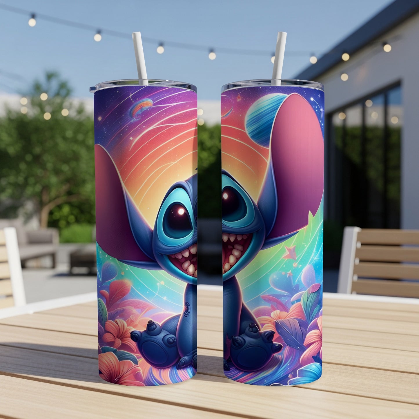 Stitch character illustration on a patterned travel tumbler with straws.
