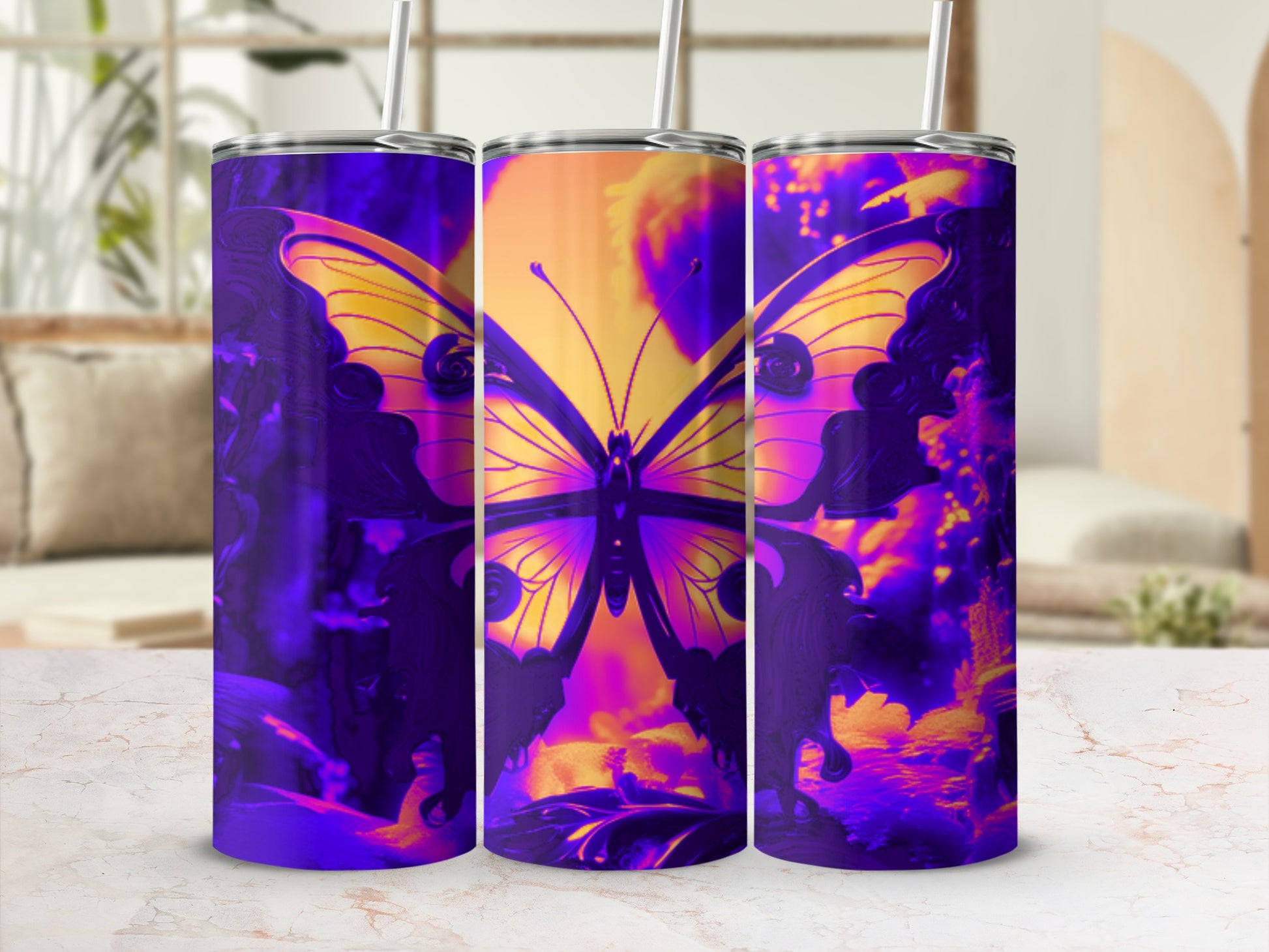 Triptych of tumblers featuring a vibrant purple and yellow butterfly design.