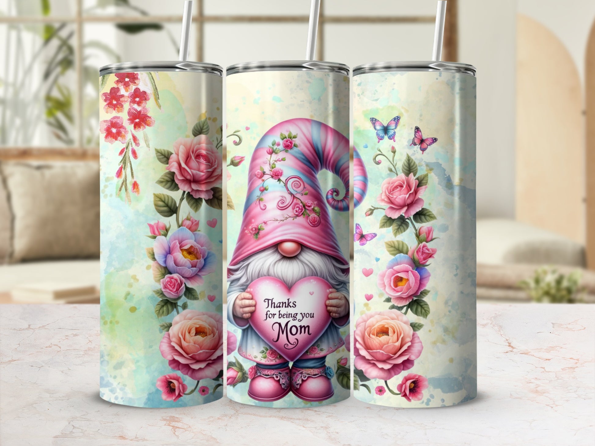 Gnome Mom Thanks Floral Design Gnome Thanks Tumbler Cup