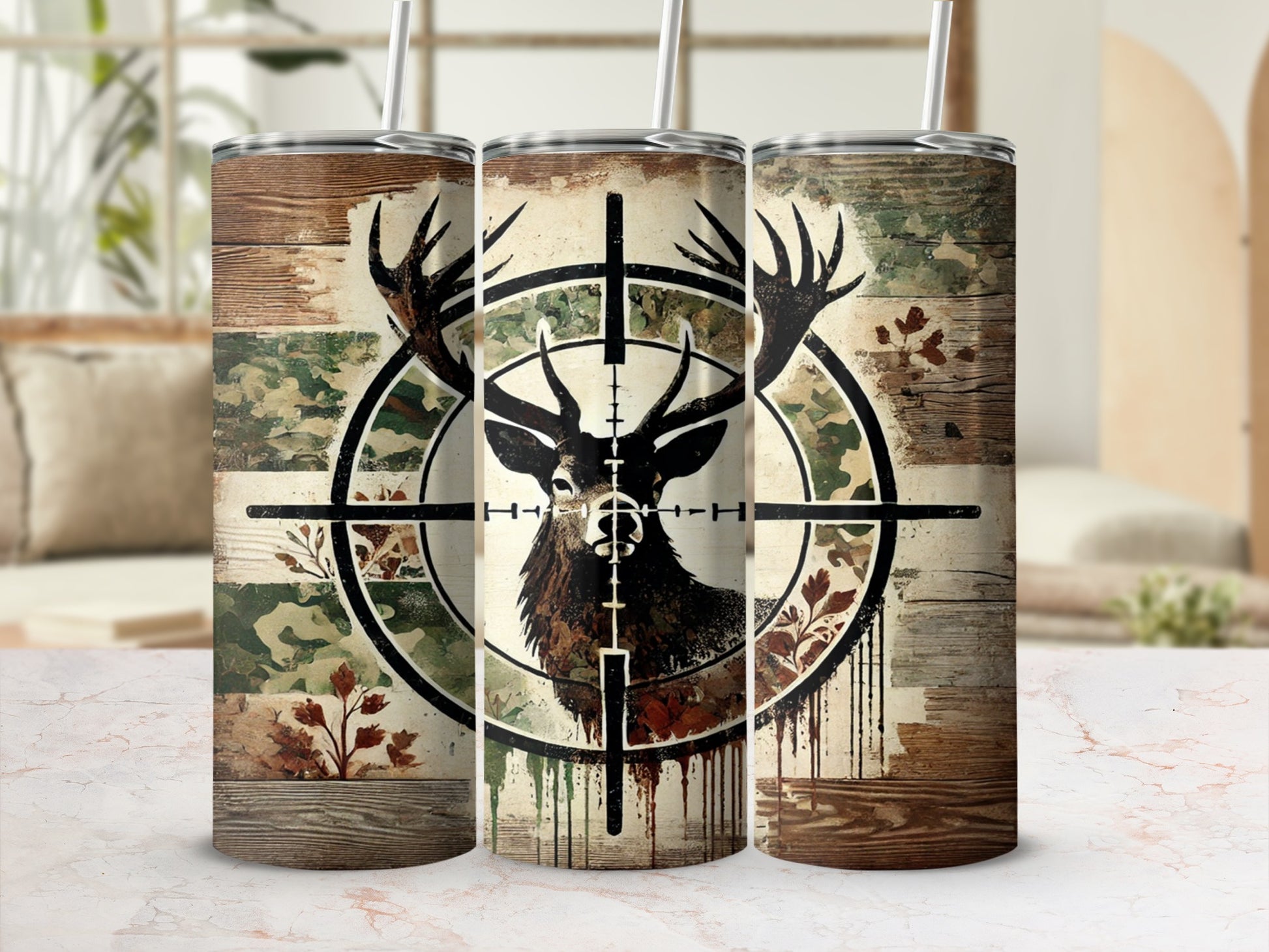Rustic Deer Hunting Scene with Forest Camo Tumbler
