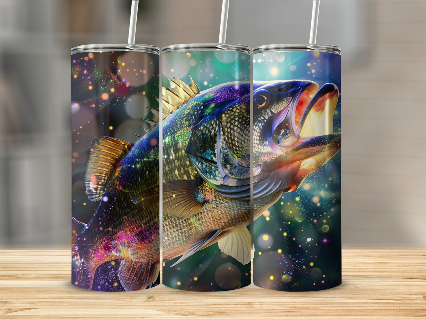 Tumbling fish with colorful sparkles and bokeh effects on tumblers.