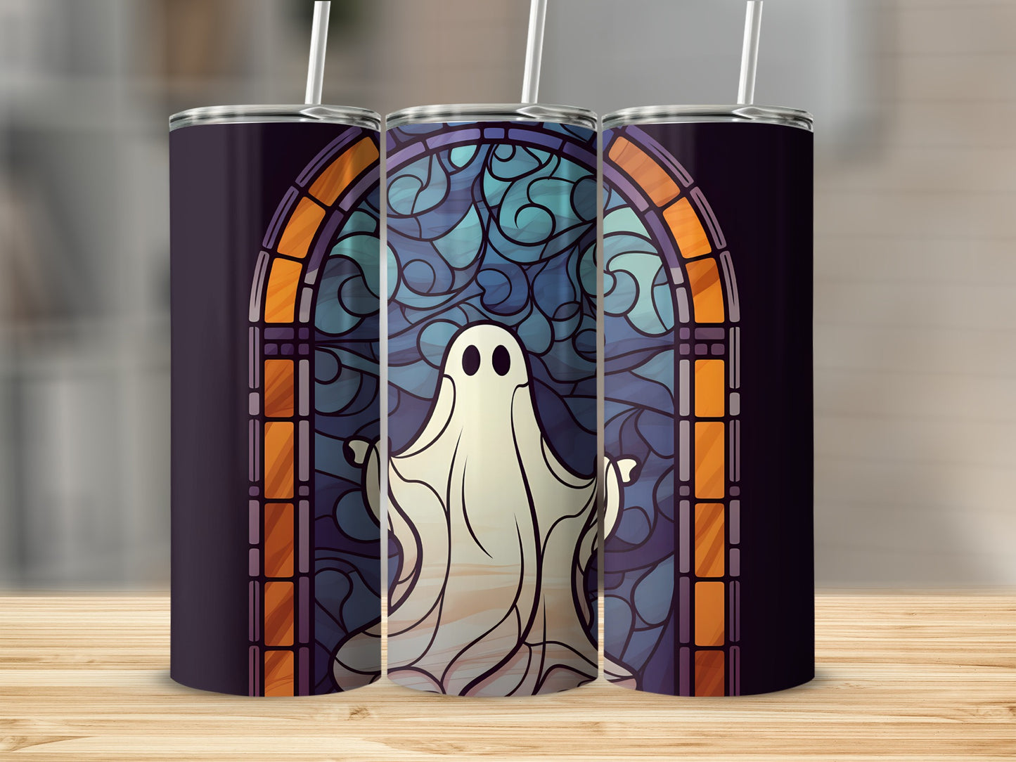 Ghost in stained glass window design on a tumbler.