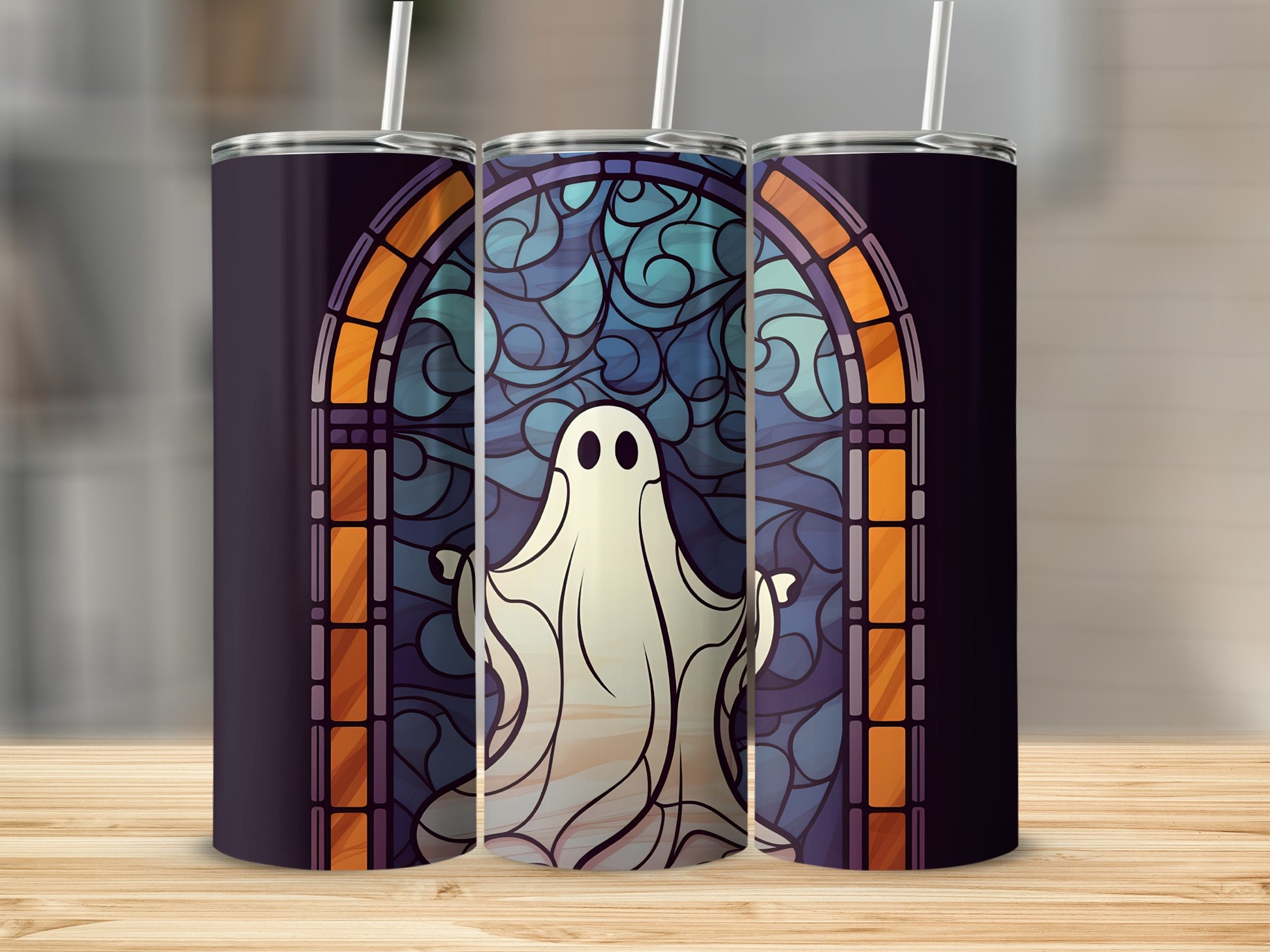 Ghost in stained glass window design on a tumbler.