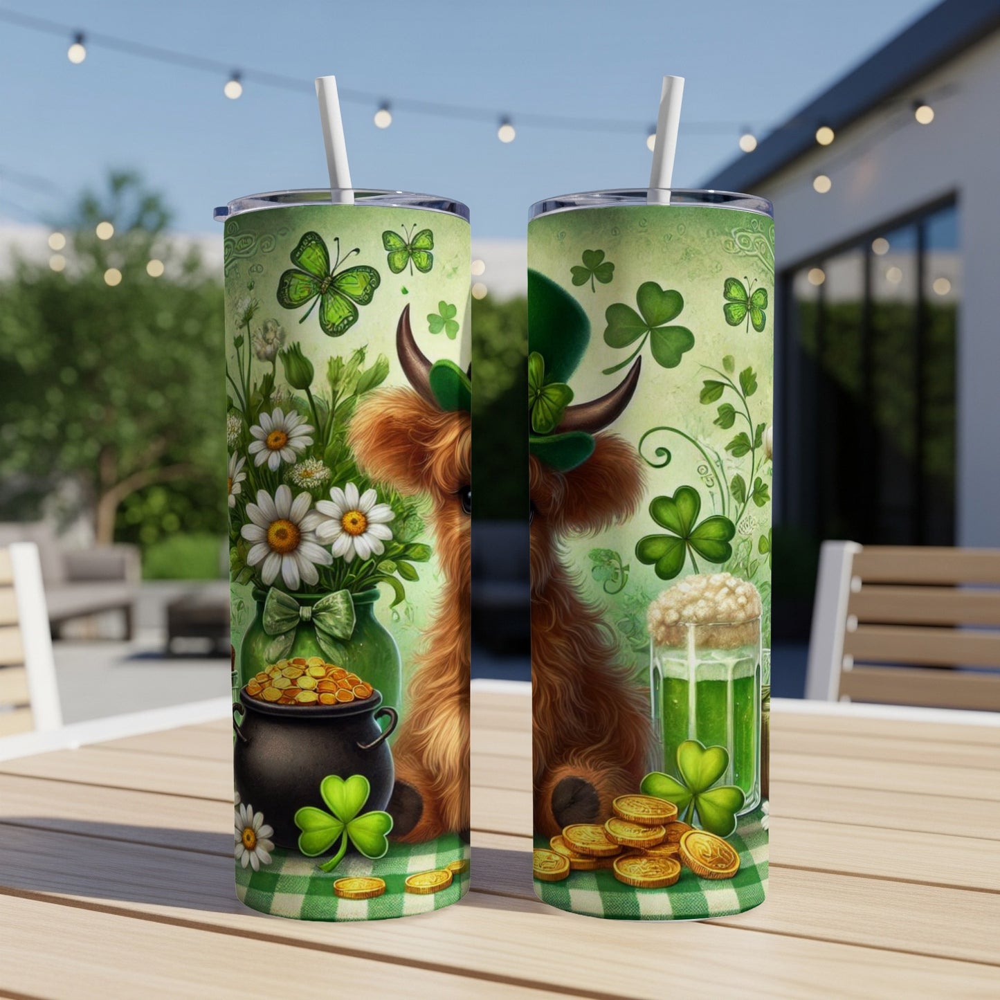 St. Patrick's Day themed tumblers with cow, shamrocks, and gold coins.