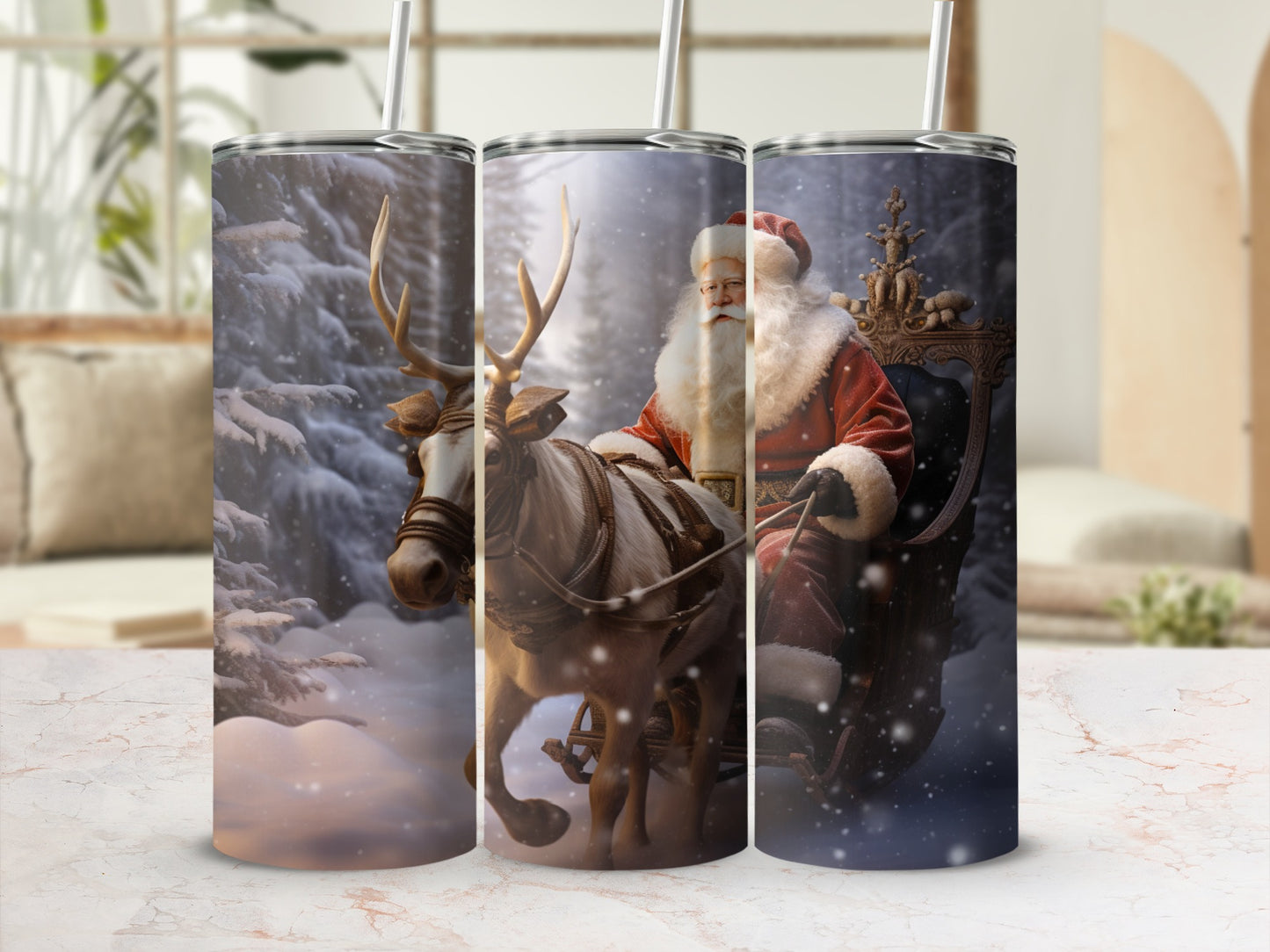 Christmas Santa and Reindeer Design Tumbler Cup