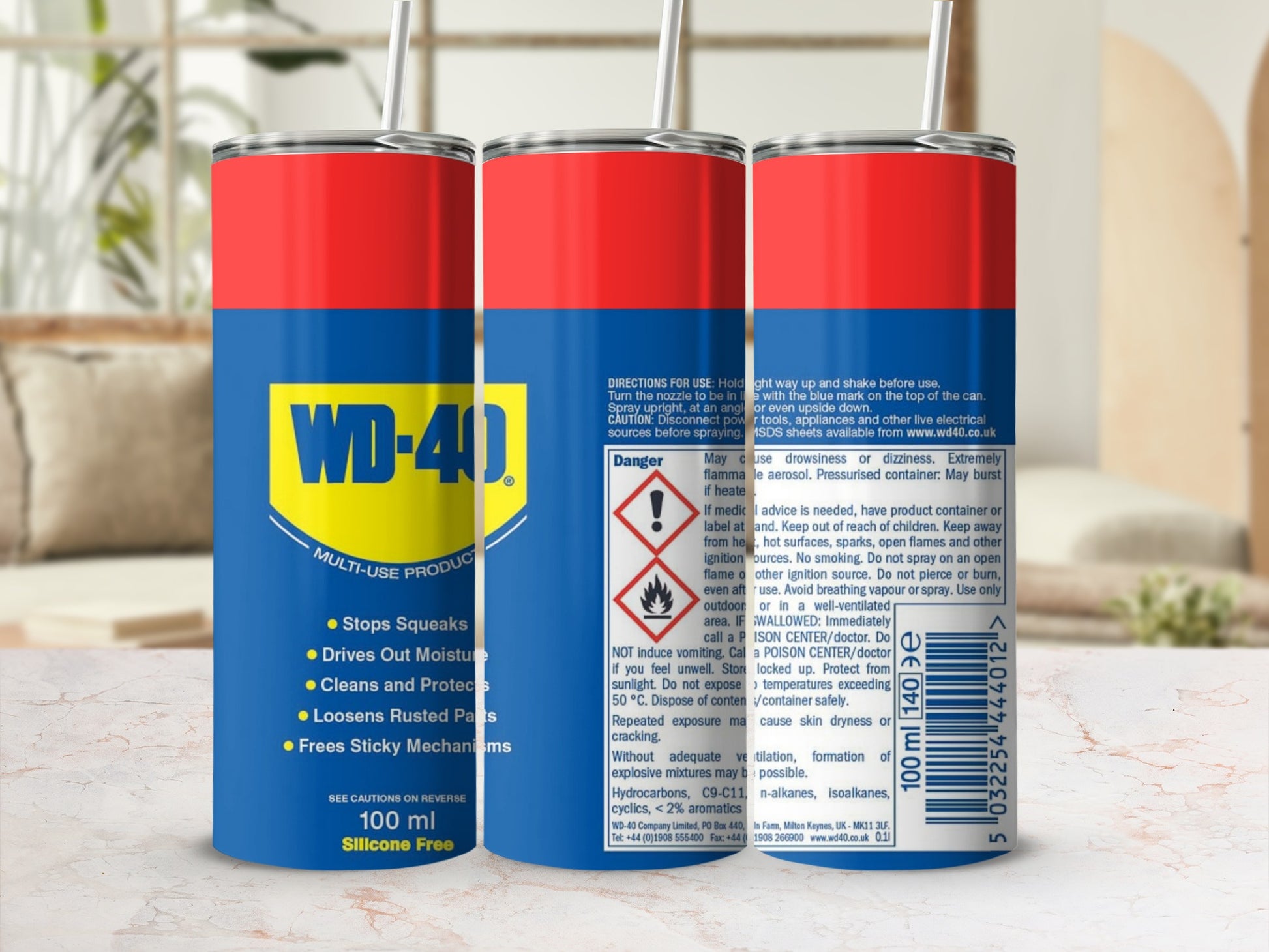 WD-40 Multi-Use Product 100ml silicone-free spray with usage instructions and warnings.